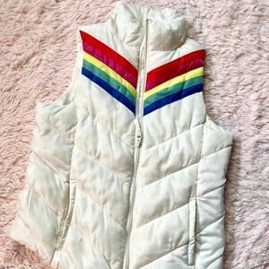 White Winter Pride Cozy Streetwear 80s Vibes Puffer Vest Rainbow Stripe Details